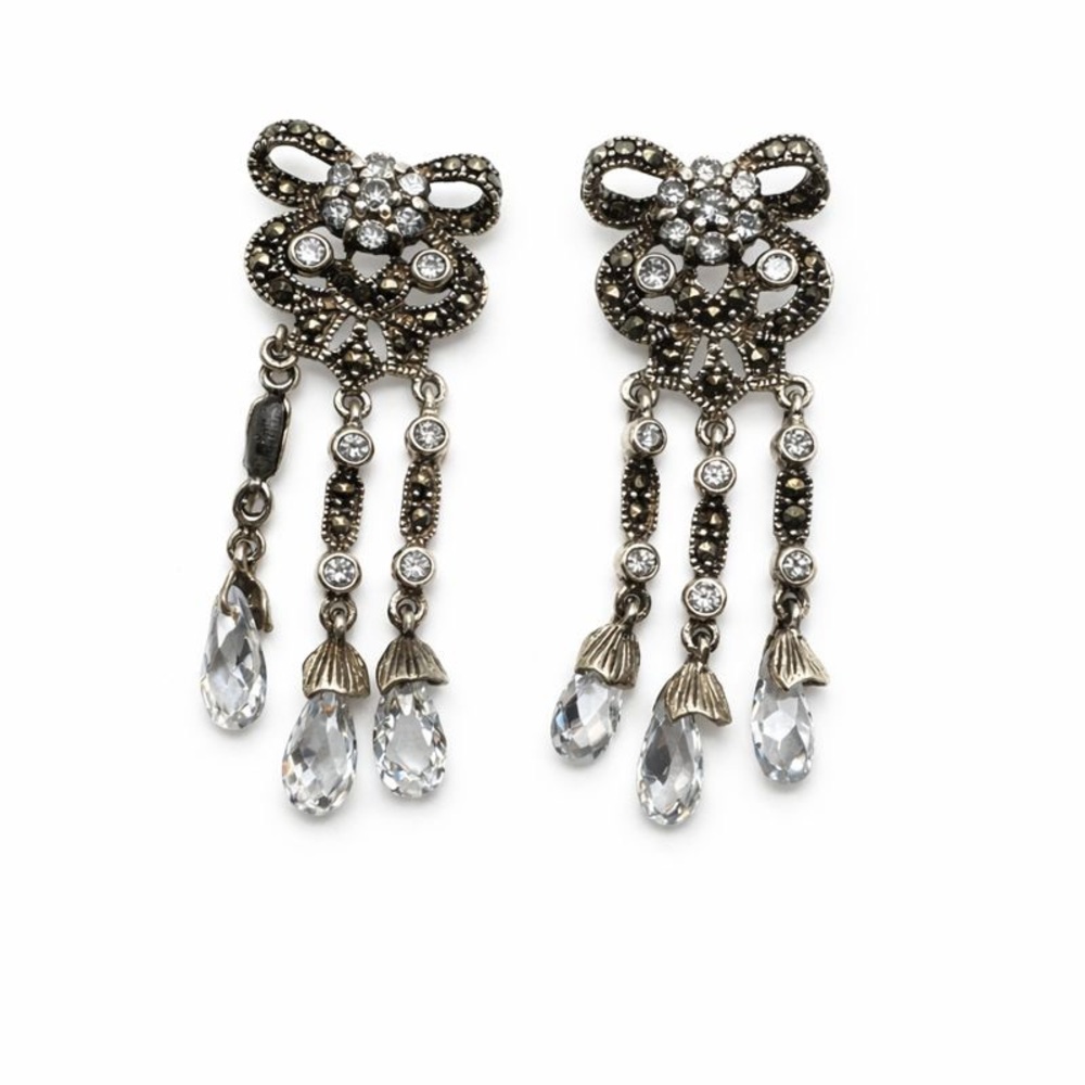 S925 Marcasite & Swarovski Crystal Bow Dangle Earrings